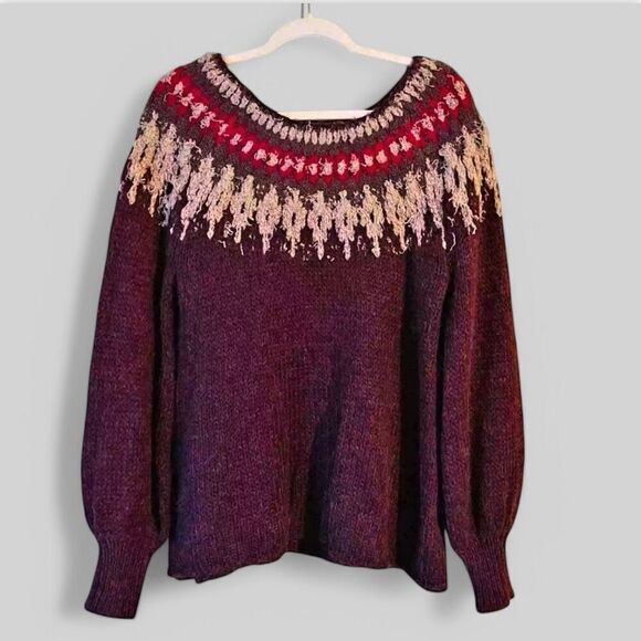 Free People Baltic Fairisle Sweater Berry Comno Wool Alpaca Blend Size XS NWOT - Picture 5 of 14